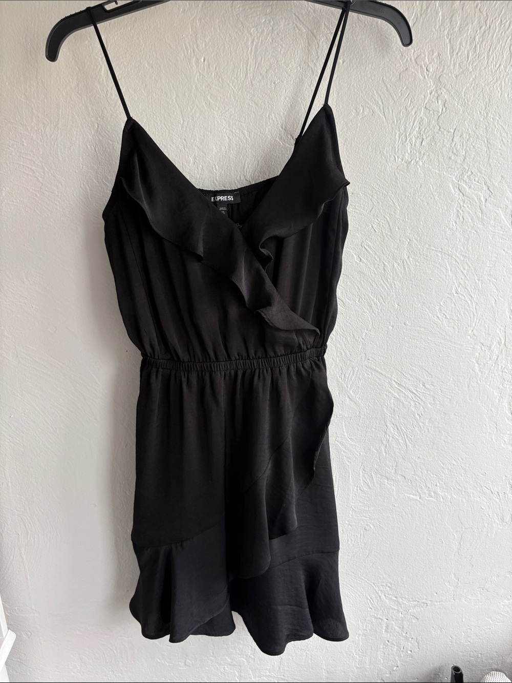 Express Black Ruffle-Front Spaghetti Strap Mini Dress
